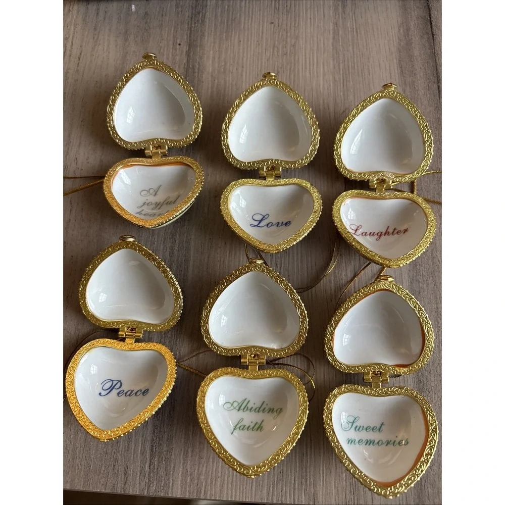 6 Valerie Parr Hill Heart Xmas Trinket Box Locket Ornaments Faith Laughter Peace